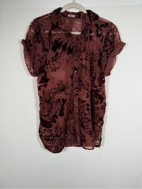 Ecote Fairygrunge Velvet Burnout Floral Button-Front Blouse - Burgundy